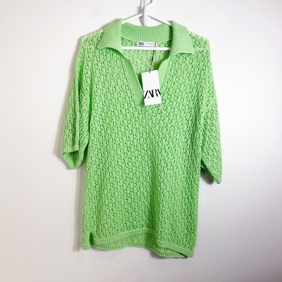 Zara Tops - Zara Knit Pointelle Knit Oversized Polo Women L-XL Green Crochet Short Sleeve